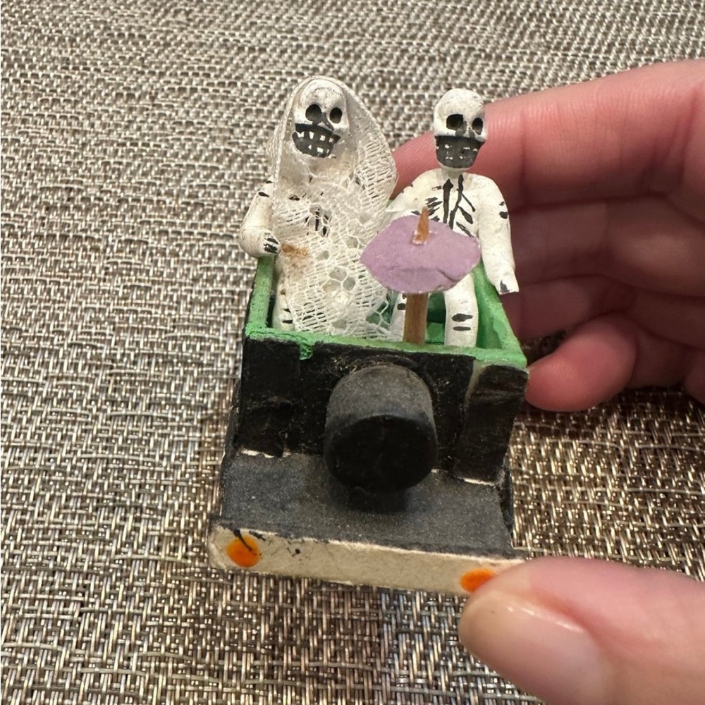 Day of the Dead Newlyweds Bride and Groom in Tiny Black Car Dia de Los Muertos